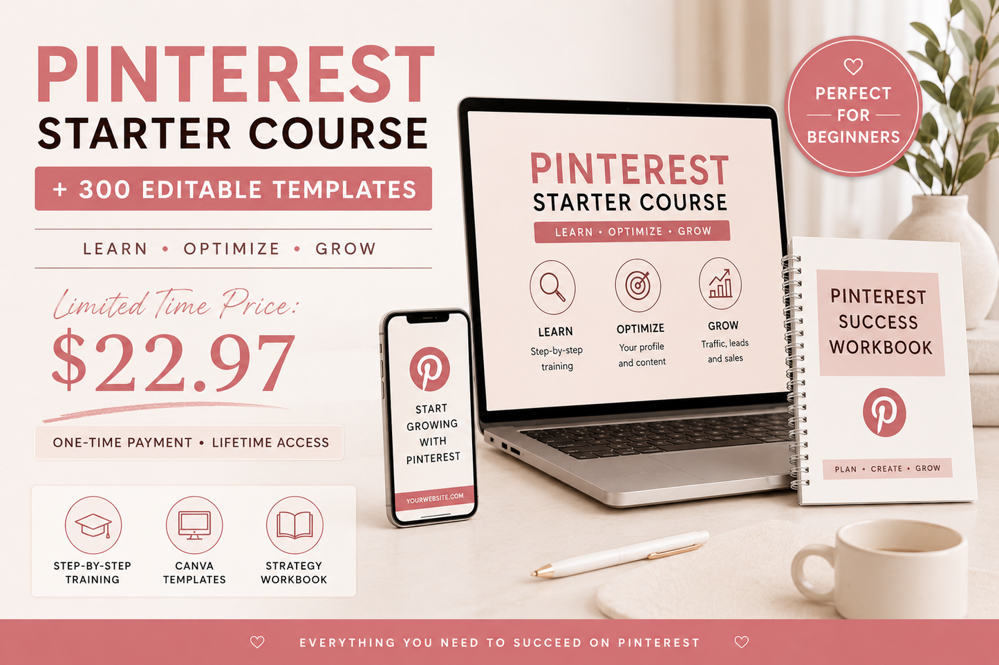 Pinterest Starter Course + 300 Editable Templates | Beginner Pinterest Marketing Guide for Digital Product Sellers (Copy)