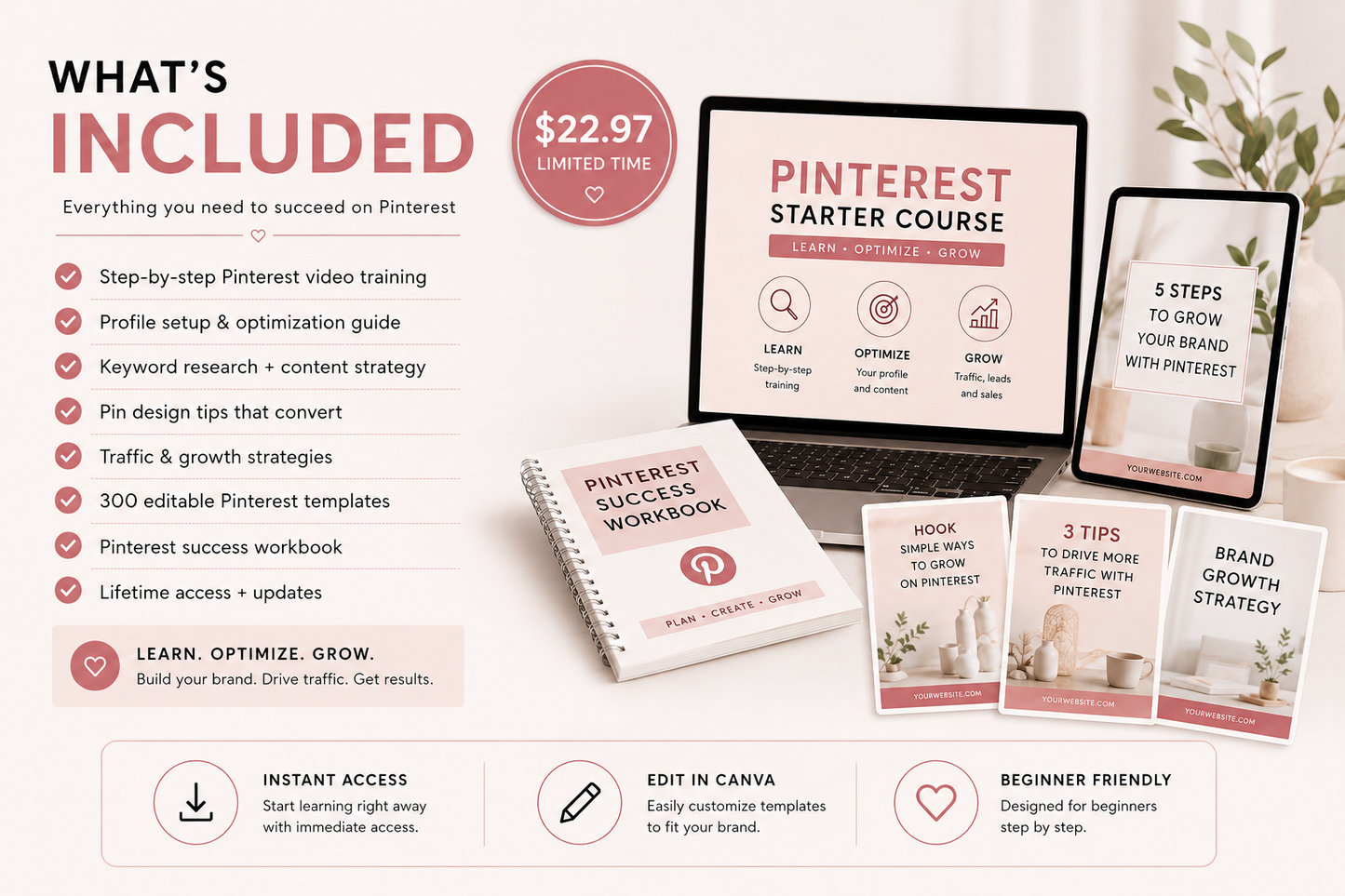 Pinterest Starter Course + 300 Editable Templates | Beginner Pinterest Marketing Guide for Digital Product Sellers (Copy)