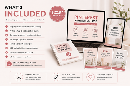 Pinterest Starter Course + 300 Editable Templates | Beginner Pinterest Marketing Guide for Digital Product Sellers (Copy)